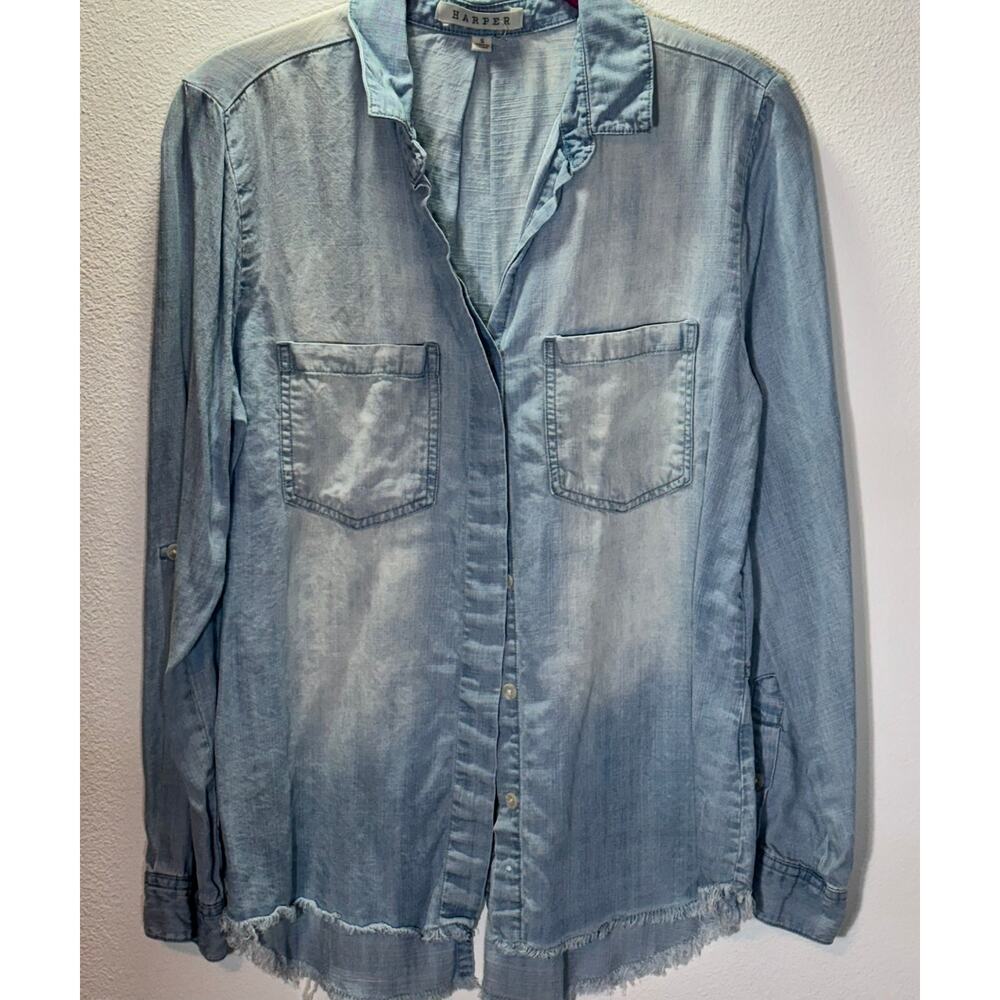 Harper Chambray Button Down Shirt S Light Denim Blue Frayed Hem Soft Tencel